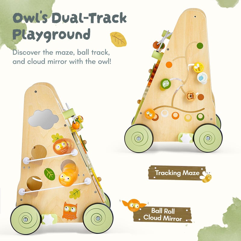 Giant bean Wooden Baby Walker with Activity Center, Forest Themed Montessori Push Toy for Toddlers 1â€“3, Bead Maze, Shape Sorter, Gears, Puzzles & Fine-Motor Learning, Speed Adjustable Wood Walker for First Steps - Image 4