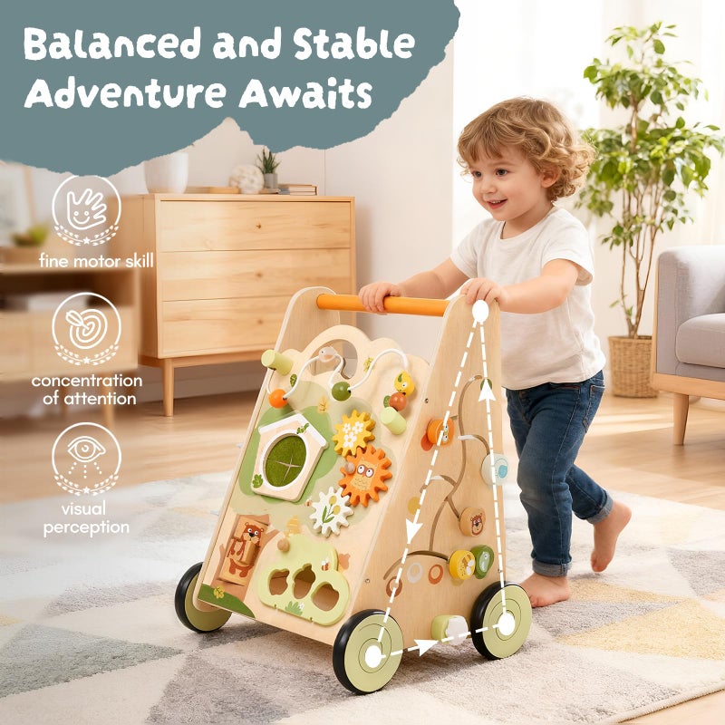 Giant bean Wooden Baby Walker with Activity Center, Forest Themed Montessori Push Toy for Toddlers 1â€“3, Bead Maze, Shape Sorter, Gears, Puzzles & Fine-Motor Learning, Speed Adjustable Wood Walker for First Steps - Image 5