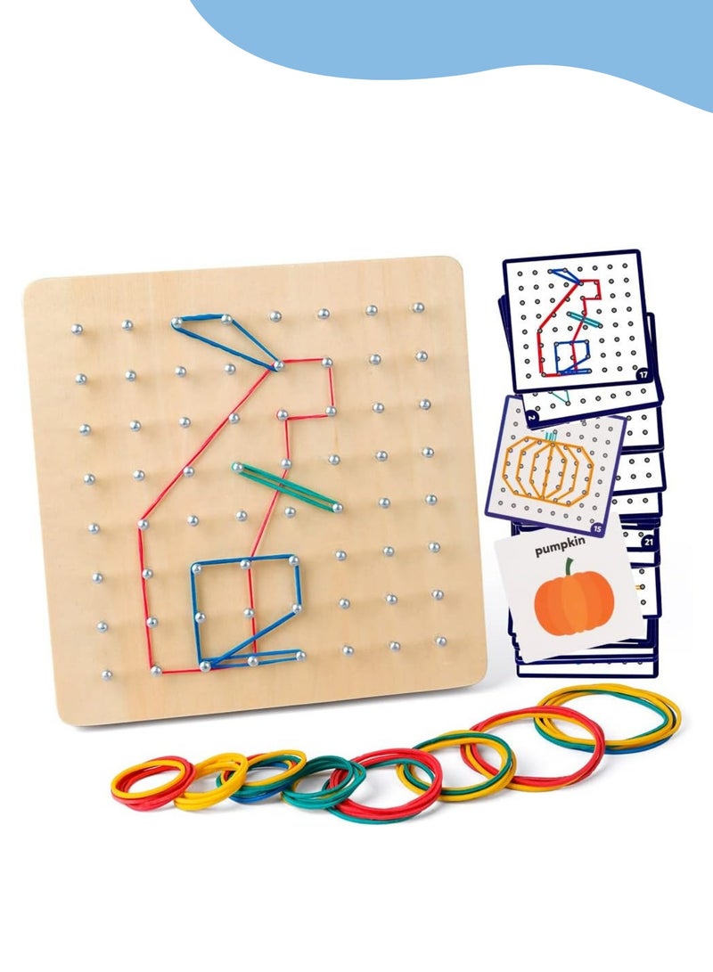 Wooden Geoboard Mathematical Manipulative Material Array Block Geo Board – Graphical Educational Toys with 24Pcs Pattern Cards and Rubber Bands Shape STEM Puzzle Matrix 8x8 Brain Teaser for Kid - Image 1