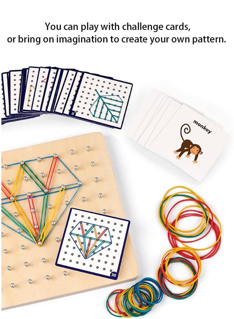 Wooden Geoboard Mathematical Manipulative Material Array Block Geo Board – Graphical Educational Toys with 24Pcs Pattern Cards and Rubber Bands Shape STEM Puzzle Matrix 8x8 Brain Teaser for Kid - Image 2