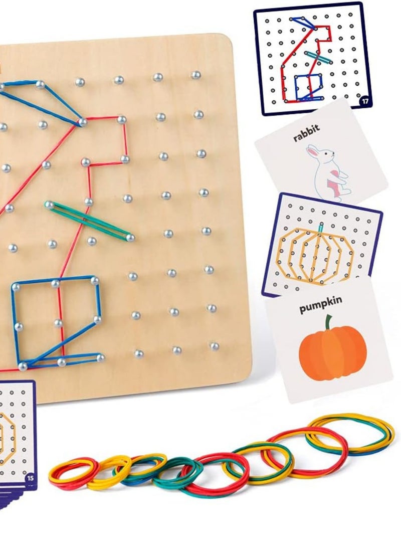 Wooden Geoboard Mathematical Manipulative Material Array Block Geo Board – Graphical Educational Toys with 24Pcs Pattern Cards and Rubber Bands Shape STEM Puzzle Matrix 8x8 Brain Teaser for Kid - Image 5