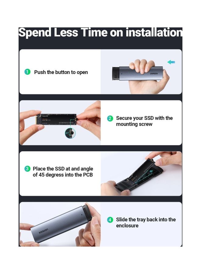 يو جرين حاوية NVMe وM.2 SATA محول قارئ SSD ومتوافق مع صاعقة 3 و حاوية خارجية NVMe خالية من الأدوات يدعم مفاتيح M و B&M وأحجام أقراص SSD مقاس 2230/2242/2260/2280 - Image 4