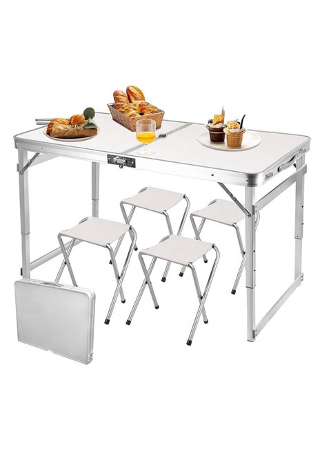 COOLBABY Organized Home Folding Camping Picnic Table - Portable Outdoor Aluminum Table + 4 Stools, 3 Adjustable Heights, Lightweight Dining Table for Grill BBQ Backyard and Beach (Square tube)