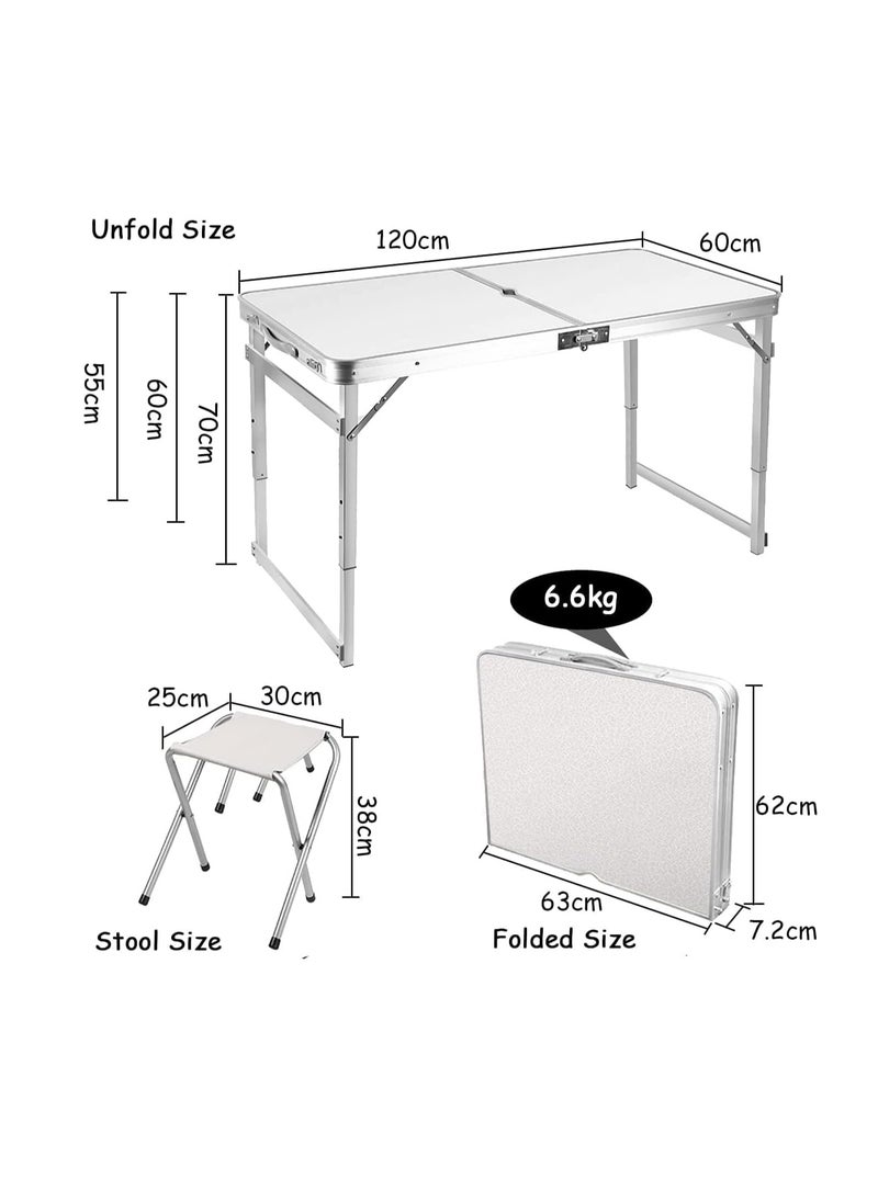 COOLBABY Organized Home Folding Camping Picnic Table - Portable Outdoor Aluminum Table + 4 Stools, 3 Adjustable Heights, Lightweight Dining Table for Grill BBQ Backyard and Beach (Square tube)