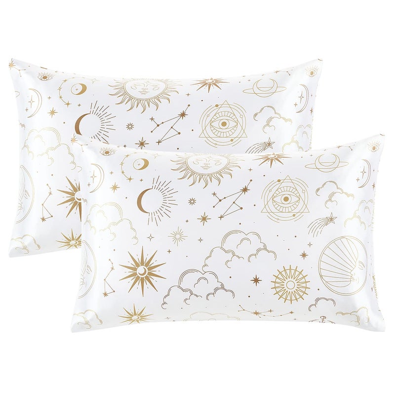 EXQ Home Satin Pillowcase Silky Satin Pillowcase for Hair and Skin,Soft Cooling Printed Pillow Cases Queen Size Set of 2 Satin Pillow Case for Women with Envelope Closure (White Moon,20X30inch) - Image 1