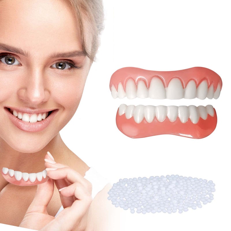 Fake Teeth, 2 PCS Dentures Teeth for Upper and Lower Jaw, Nature and Comfortable, Your Teeth and Regain Confident Smile - Image 1