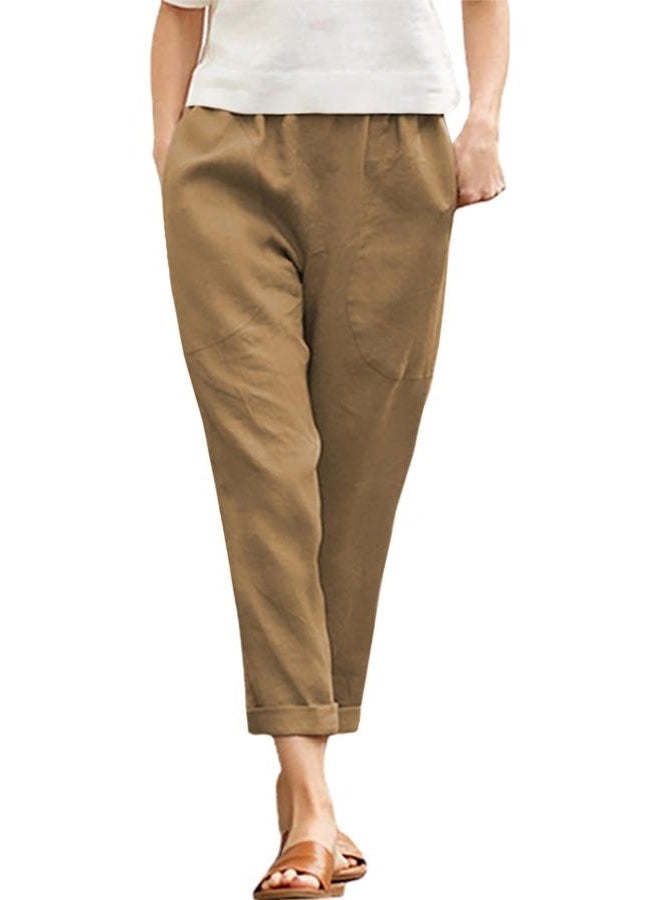 Langwyqu Womens Casual Cotton Tapered Capri Pants Loose Elastic Waist Ankle Cropped Trouser with Pockets Khaki - Image 1