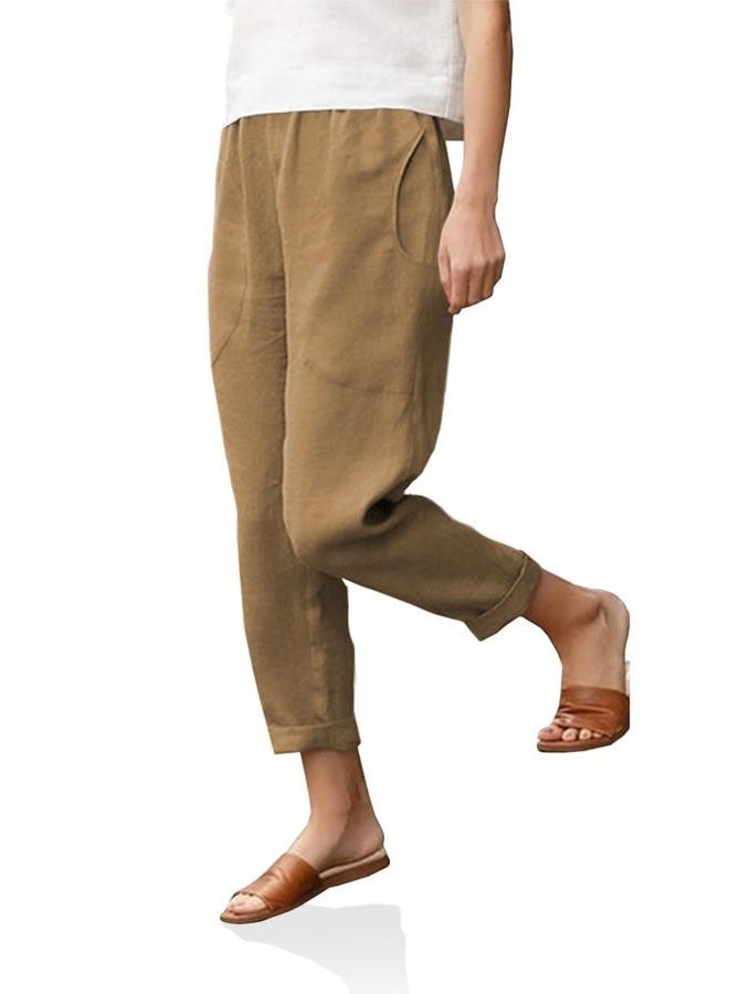 Langwyqu Womens Casual Cotton Tapered Capri Pants Loose Elastic Waist Ankle Cropped Trouser with Pockets Khaki - Image 2