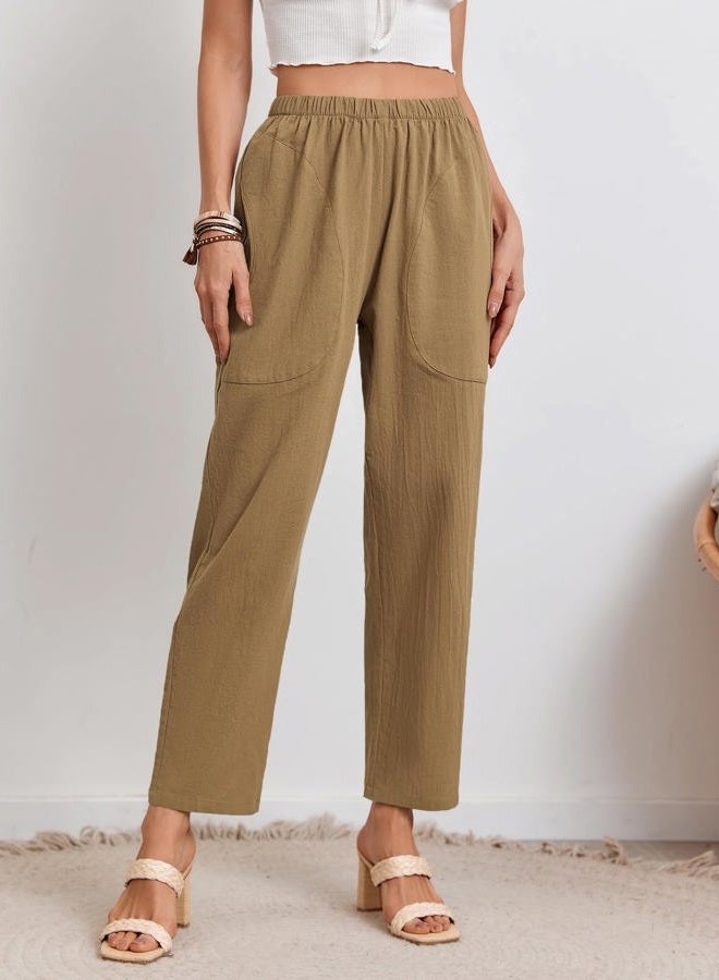 Langwyqu Womens Casual Cotton Tapered Capri Pants Loose Elastic Waist Ankle Cropped Trouser with Pockets Khaki - Image 3