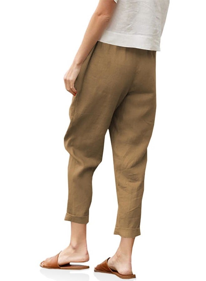 Langwyqu Womens Casual Cotton Tapered Capri Pants Loose Elastic Waist Ankle Cropped Trouser with Pockets Khaki - Image 4
