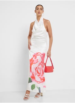 Satin Backless Rose Print Dress