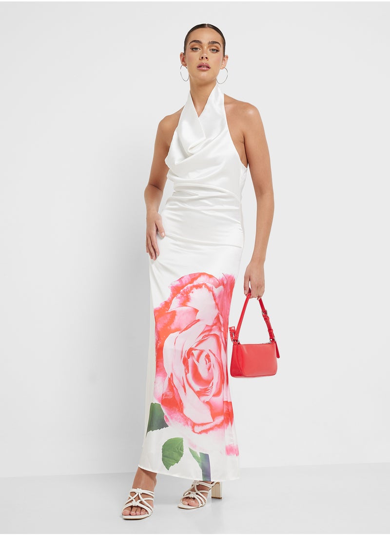 Ginger - Satin Backless Rose Print Dress - Image 1