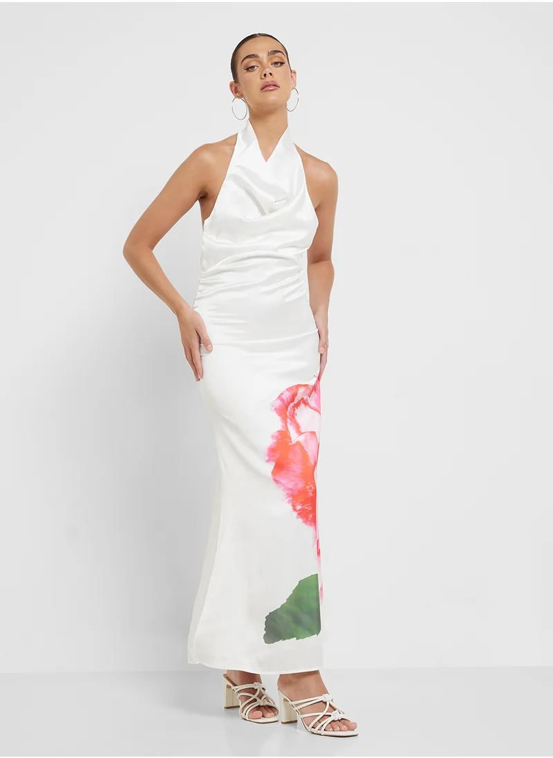جينجر Satin Backless Rose Print Dress