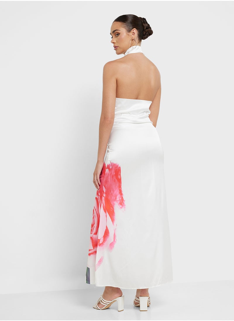 Ginger - Satin Backless Rose Print Dress - Image 1
