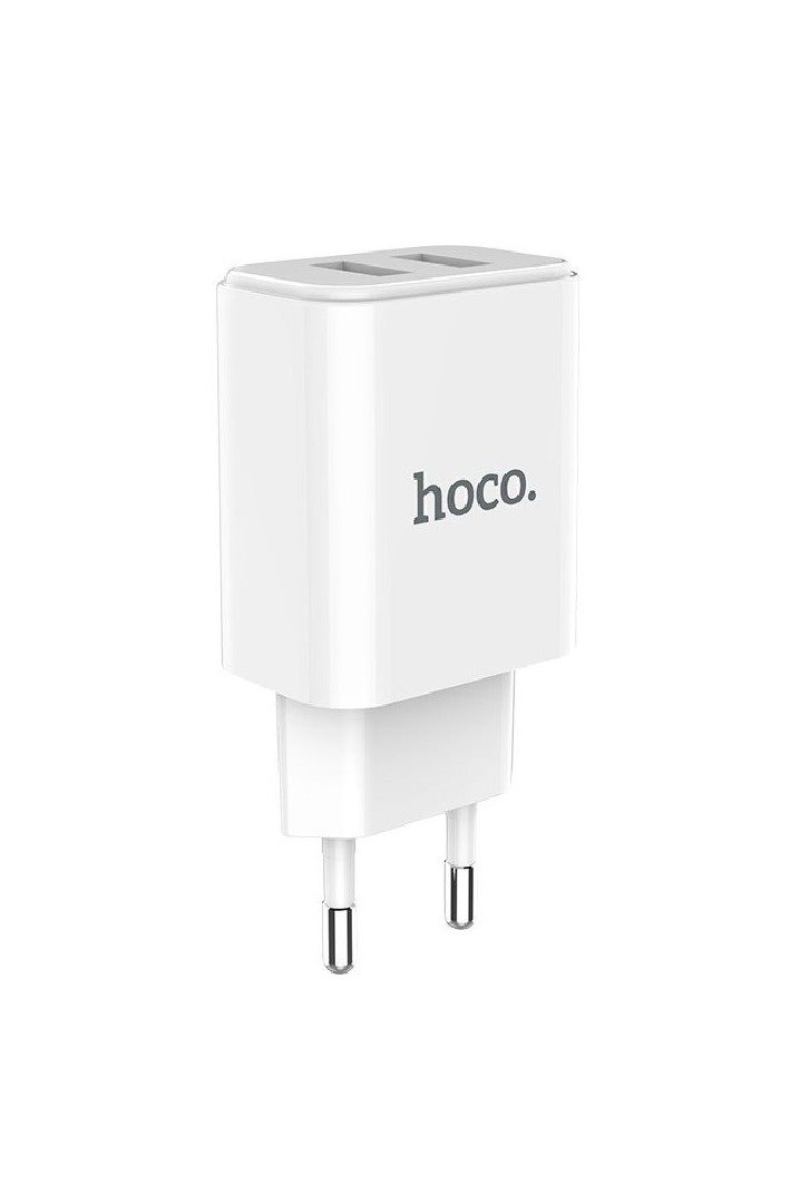 Hoco C62A Victoria Dual USB Cable Port Wall Charger , Compatible With Samsung Huawei Xiaomi Oppo - White - Image 1