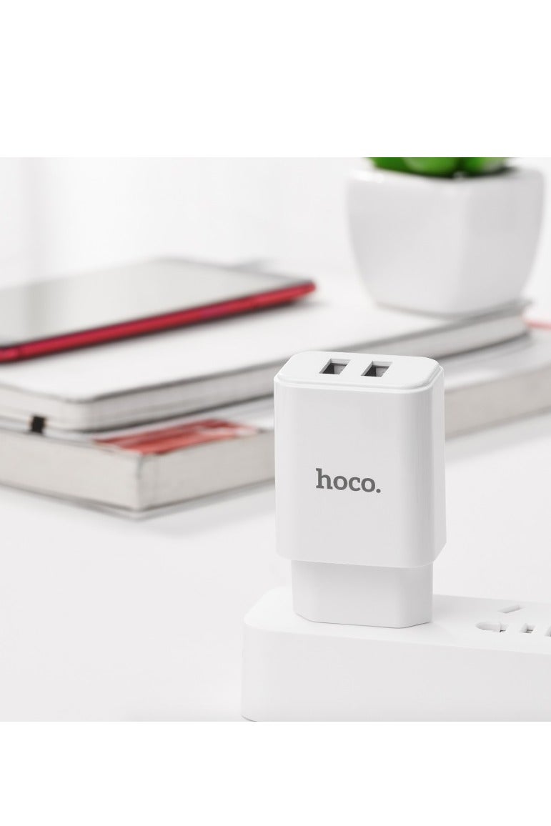 Hoco C62A Victoria Dual USB Cable Port Wall Charger , Compatible With Samsung Huawei Xiaomi Oppo - White - Image 4