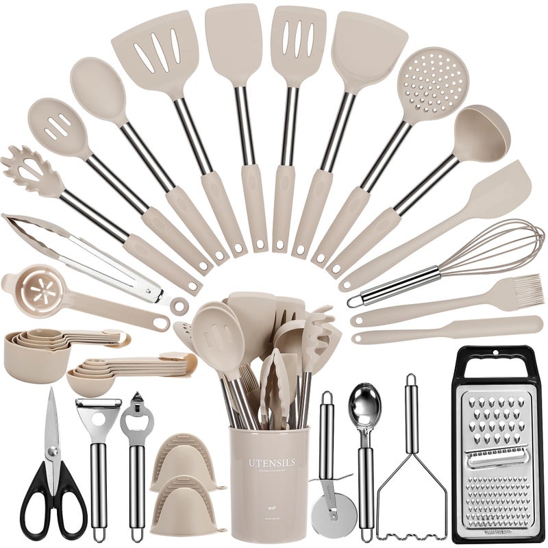 Fyvva Large Cooking Utensils Set, 35 Pcs Spatula Set with Holder, Silicone Kitchen Utensils Set with Stainless Steel Handle, Cheese Grater, Ice Cream Scoop, Pizza Cutter Kitchen Gadgets (Khaki) - Image 1