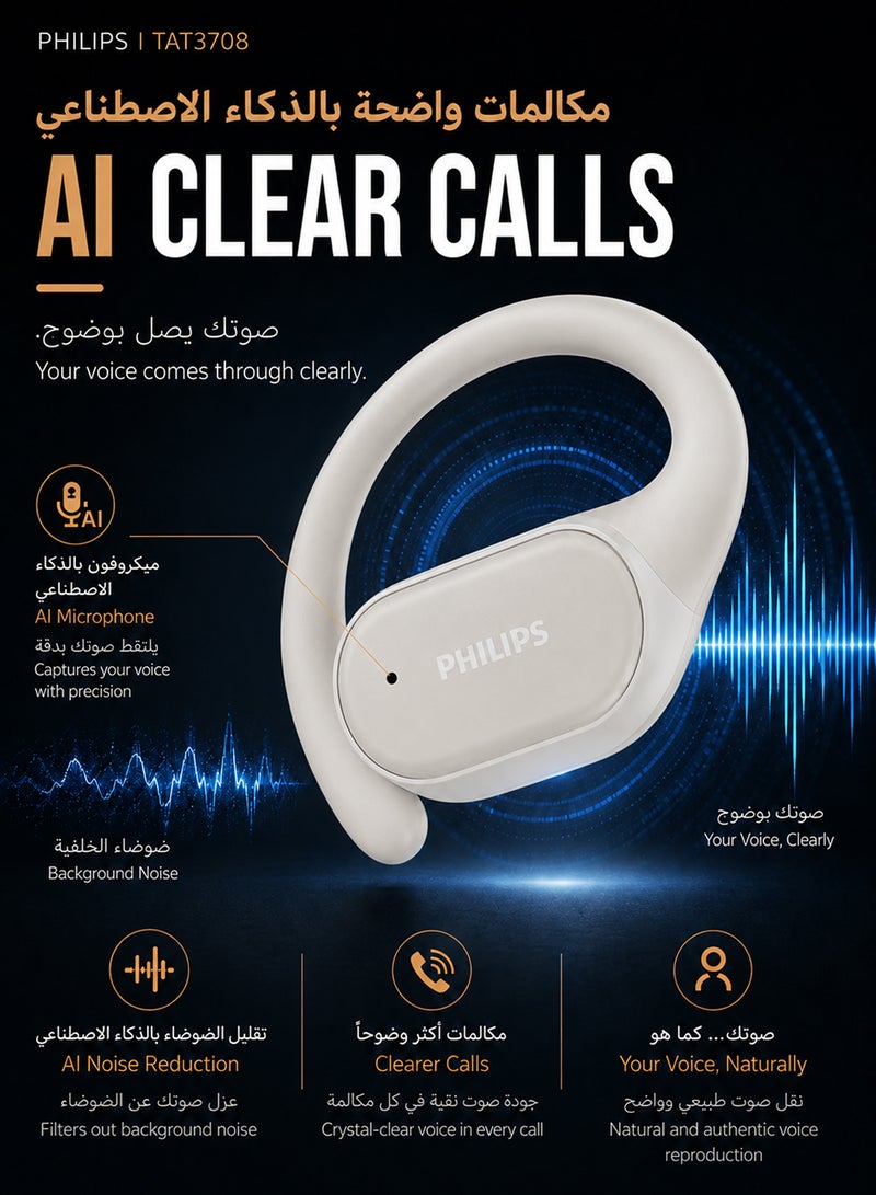 Philips Open Ear Sport Headphones, Bluetooth 5.4, Secure Earhook Fit, AI Clear Calls, IPX4 Waterproof, Touch Controls, USB-C Charging Case, 22H Battery Life, TAT3708,  White white - Image 5