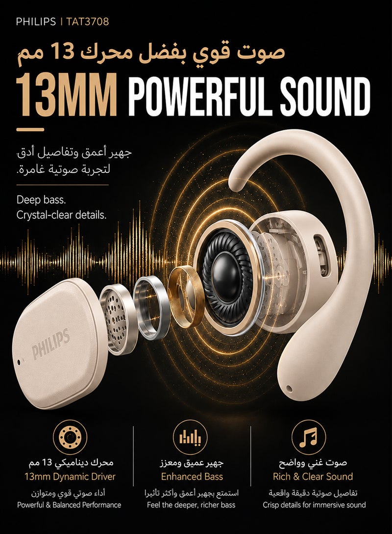 Philips Open Ear Sport Headphones, Bluetooth 5.4, Secure Earhook Fit, AI Clear Calls, IPX4 Waterproof, Touch Controls, USB-C Charging Case, 22H Battery Life, TAT3708,  White white - Image 4