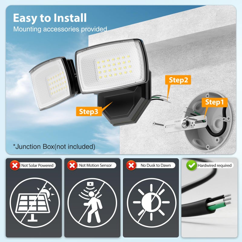 Onforu 3200LM Flood Lights Outdoor, 32W 6500K LED Security Light Manual Switch Controlled, IP66 Waterproof Outdoor Lights, Wall Mount Exterior Flood Light with 2 Adjustable Heads Floodlights Outside - Image 2