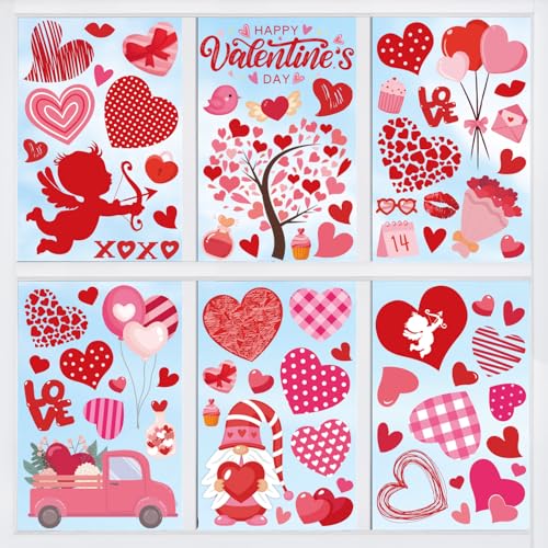Zevulizen Valentine’s Day Window Clings, 8 Sheet Happy Valentine Window Clings Double-Sided Heart Stickers for Home Classroom Wedding Anniversary Party - Image 1