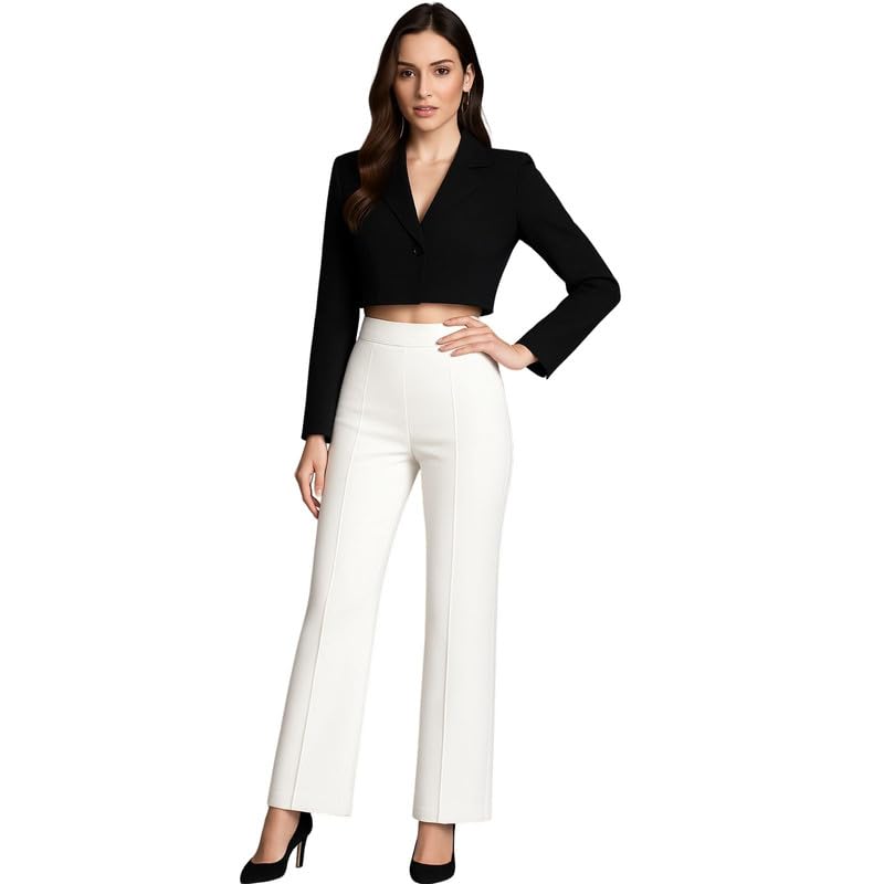 SWADESI STUFF High-Waisted Women’s Trousers – Straight-Leg Design with Elastic Waistband – Suitable for Casual, Work, or Travel Outfits White - Image 1