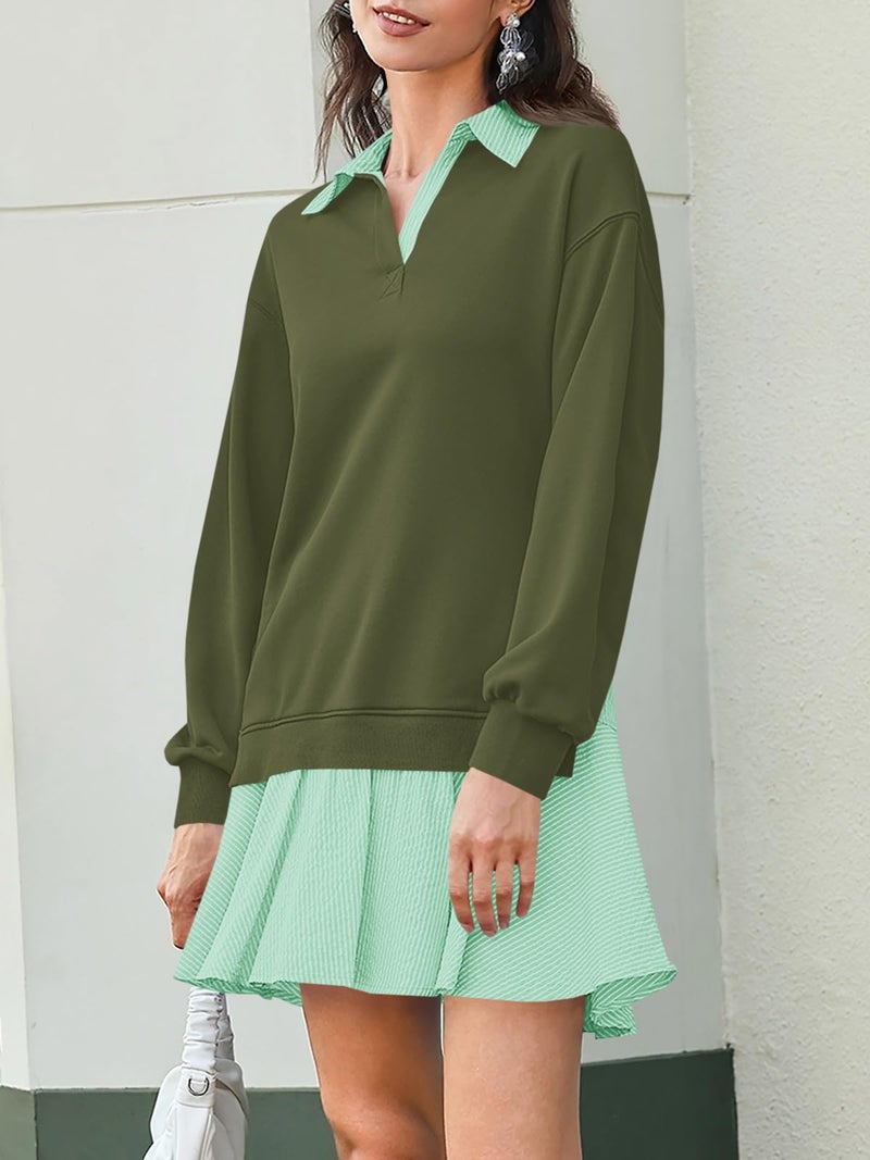 Wenrine Womens Oversized Sweatshirt Dress Casual Long Sleeve Collared V Neck Patchwork Loose Mini Dresses Army Green - Image 3