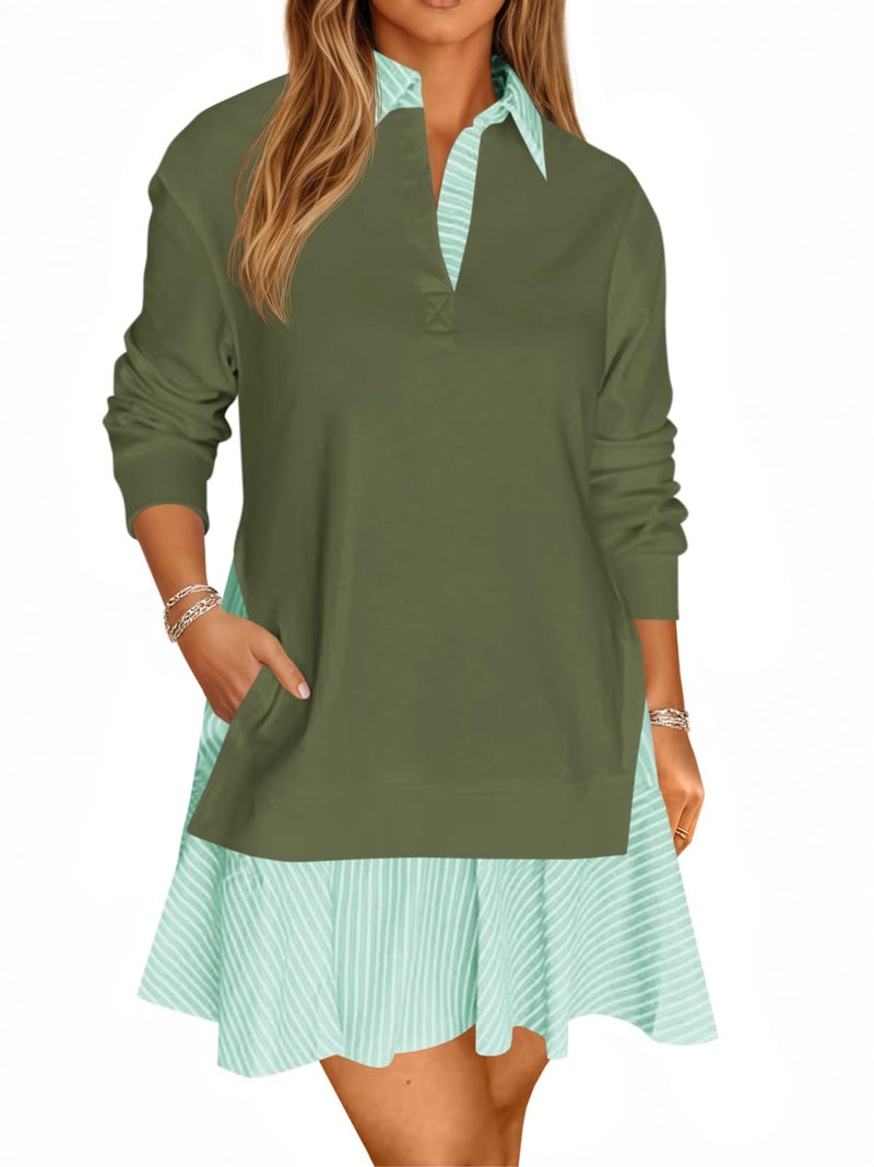 Wenrine Womens Oversized Sweatshirt Dress Casual Long Sleeve Collared V Neck Patchwork Loose Mini Dresses Army Green - Image 1