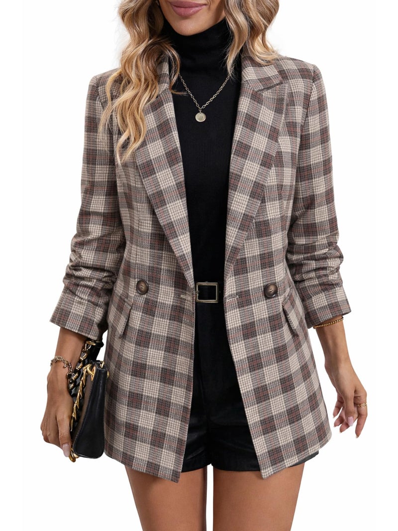 Mina Self Plaid Blazer Jacket for Women Houndstooth 2026 Fall Winter Business Caual Tan Brown Work Office Womens Trendy Boyfriend Professional Fashion Dressy Ladies Women's Blazers & Suit Jackets - Image 1