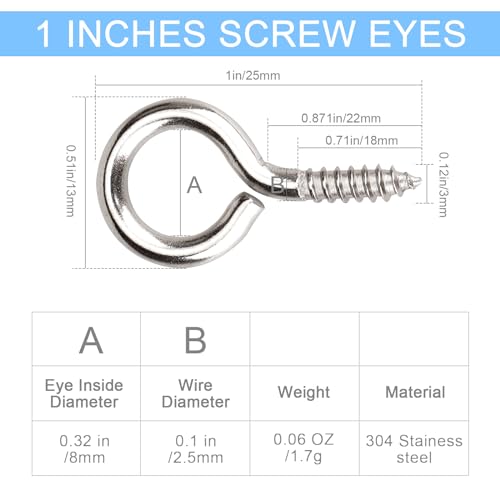 Aovchei Eye Screws, 50Pcs 1 Inch Long, 304 Stainless Steel Screw Hooks, Self Tapping Eye Bolts, Indoor & Outdoor for Hanging Artwork - Image 3