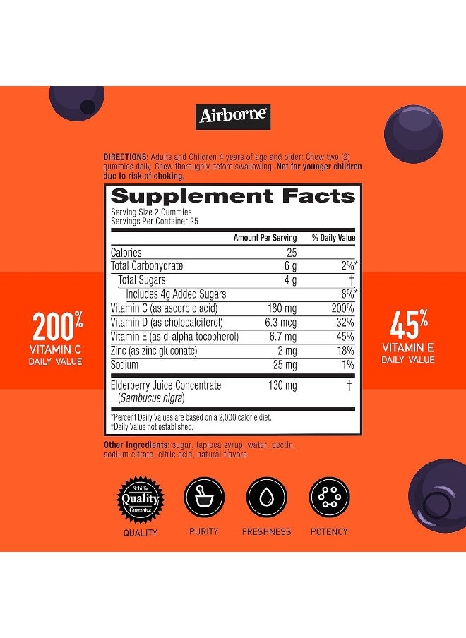 Airborne - Airborne KIDS Elderberry + Zinc & Vitamin C Gummies, Kids Immune Support with Powerful Antioxidants Vit D & E - 50 gummies, Elderberry Flavor - Image 1