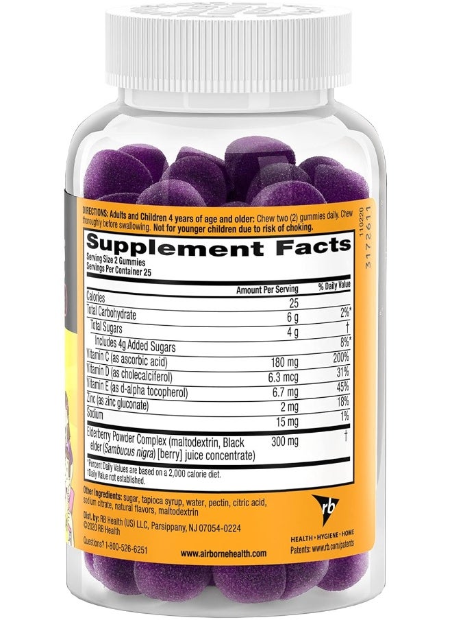 Airborne - Airborne KIDS Elderberry + Zinc & Vitamin C Gummies, Kids Immune Support with Powerful Antioxidants Vit D & E - 50 gummies, Elderberry Flavor - Image 1