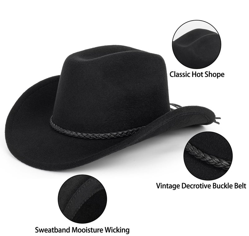 FGSS Classic-Western-Cowboy-Hat Upturn-Brim Felt-Cowgirl-Hat Rodeo-Hats with Belt for Women Men (Fit for 22.4-23.2") Black - Image 4
