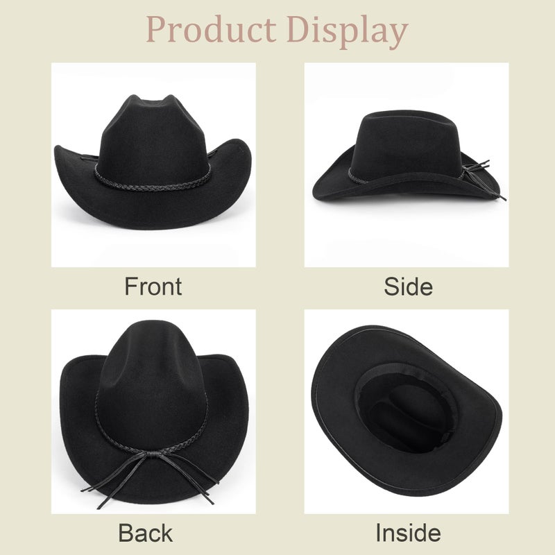 FGSS Classic-Western-Cowboy-Hat Upturn-Brim Felt-Cowgirl-Hat Rodeo-Hats with Belt for Women Men (Fit for 22.4-23.2") Black - Image 3