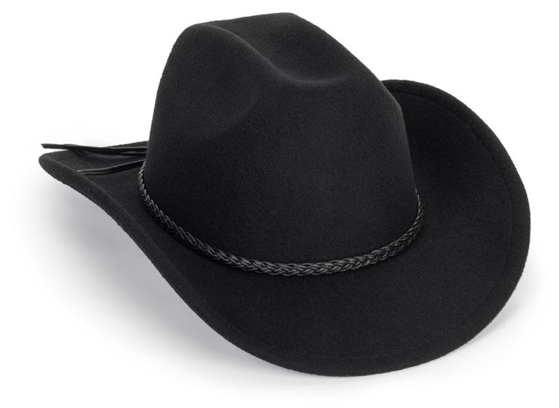 FGSS Classic-Western-Cowboy-Hat Upturn-Brim Felt-Cowgirl-Hat Rodeo-Hats with Belt for Women Men (Fit for 22.4-23.2") Black - Image 1