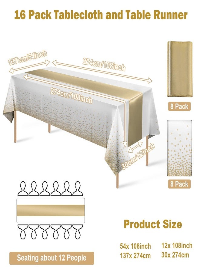 MASHAN 16Pack Disposable Plastic Tablecloths and Satin Table Runner Set White and Gold Dot Tablecloth Gold Satin Table Runner for Wedding Birthday Baby Shower Anniversary Christmas New Year Party Decorations - Image 2