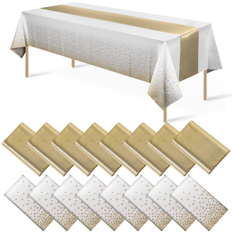 MASHAN 16Pack Disposable Plastic Tablecloths and Satin Table Runner Set White and Gold Dot Tablecloth Gold Satin Table Runner for Wedding Birthday Baby Shower Anniversary Christmas New Year Party Decorations - Image 1
