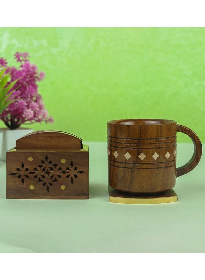 KAYY PRO Wooden Drink Coaster Set with Brass Inlay and Decorative Holder, Carved Snowflake Design - Image 2
