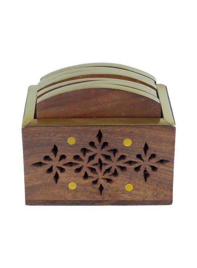 KAYY PRO Wooden Drink Coaster Set with Brass Inlay and Decorative Holder, Carved Snowflake Design - Image 1
