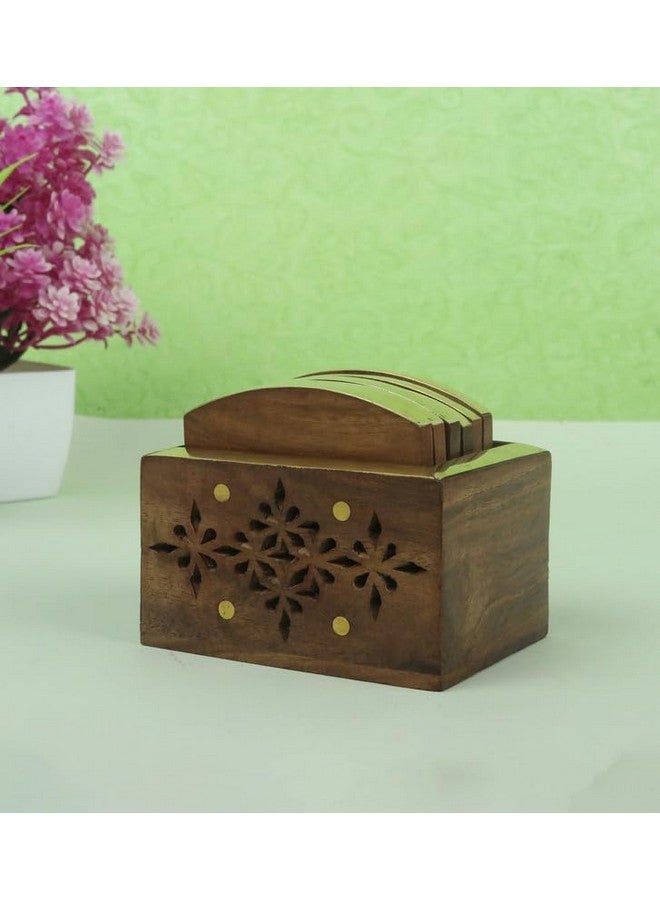 KAYY PRO Wooden Drink Coaster Set with Brass Inlay and Decorative Holder, Carved Snowflake Design - Image 3