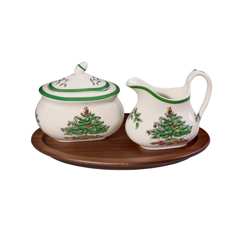 Spode Christmas Tree Sugar  Creamer Set 3Piece  Porcelain 16oz Sugar 8oz Creamer Container Wood Tray  Festive Holiday Tea  Coffee Serving Set  Dishwasher Safe Tableware for Gifting