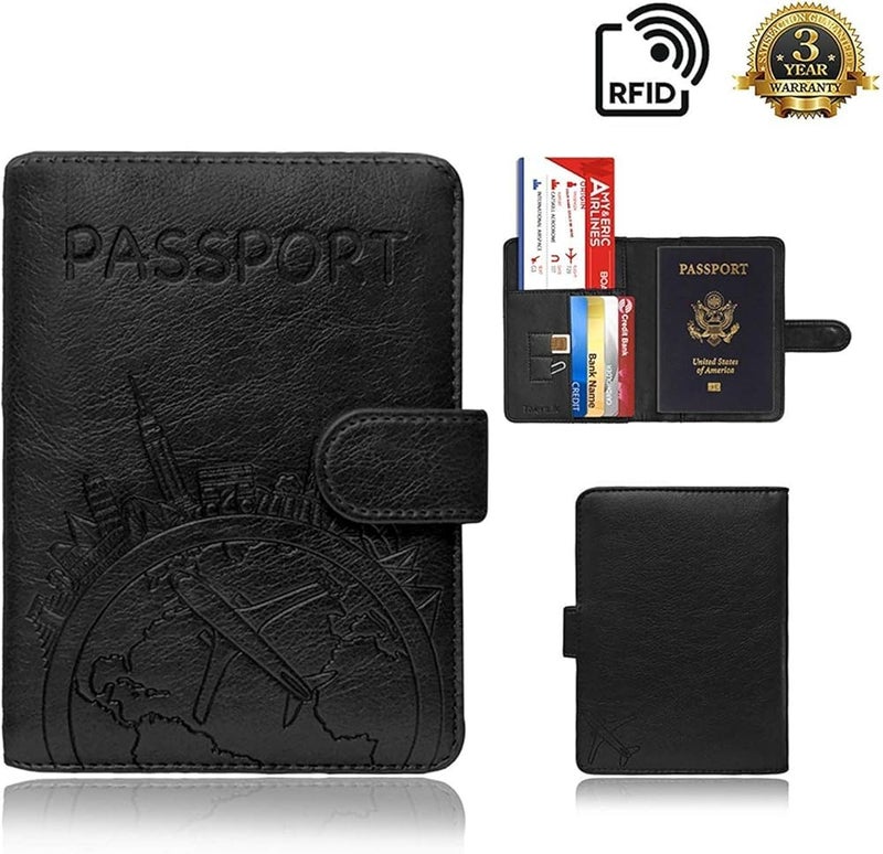 GQ Passport Holder Leather Travel Wallet - RFID Blocking Passport Cover with Magnetic Button for Women Men By Talent (Black) - Image 5
