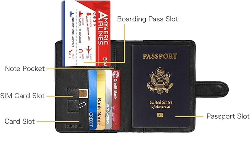 GQ Passport Holder Leather Travel Wallet - RFID Blocking Passport Cover with Magnetic Button for Women Men By Talent (Black) - Image 4
