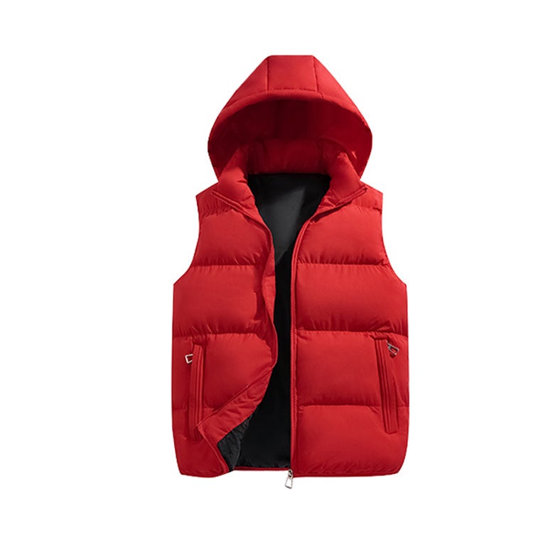 Vest Red Autumn/winter Men's Detachable Hooded Warm Loose Fit Solid Color Shoulder-length