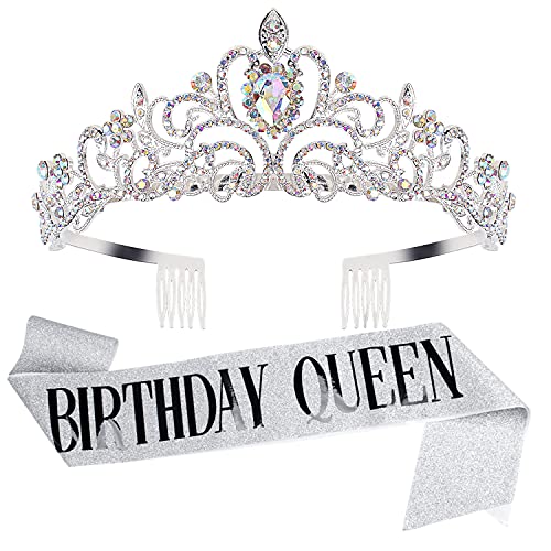 Velscrun Birthday Queen Tiaras Crown for Women Girls Princess Crowns for Women Queen Tiara for Mom Silver Birth Crown Headband Birth Sash 30th 40th 50th Birthday Prom Party Decorations for Mother