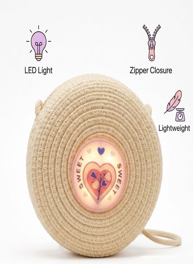 JMK CRAFTS Girls Mini Straw Woven Crossbody Bag with LED Light & Woven Strap | Cute Round Kids Sling Bag with Zipper Coin Purse | Lightweight Travel Party Handbag for Girls, Toddlers & Baby Girls - Image 5