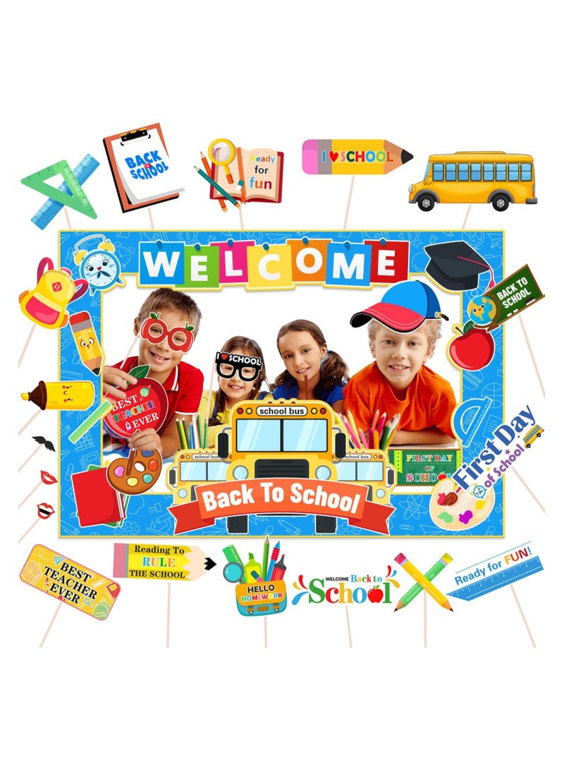 Back to School Decorations Photo Booth Props Cute School Bus Theme 21pcs Back to School Photo Props and 1pcs Back to School Photo Prop Frame Welcome Back to School Supplies for First Day of School - Image 1