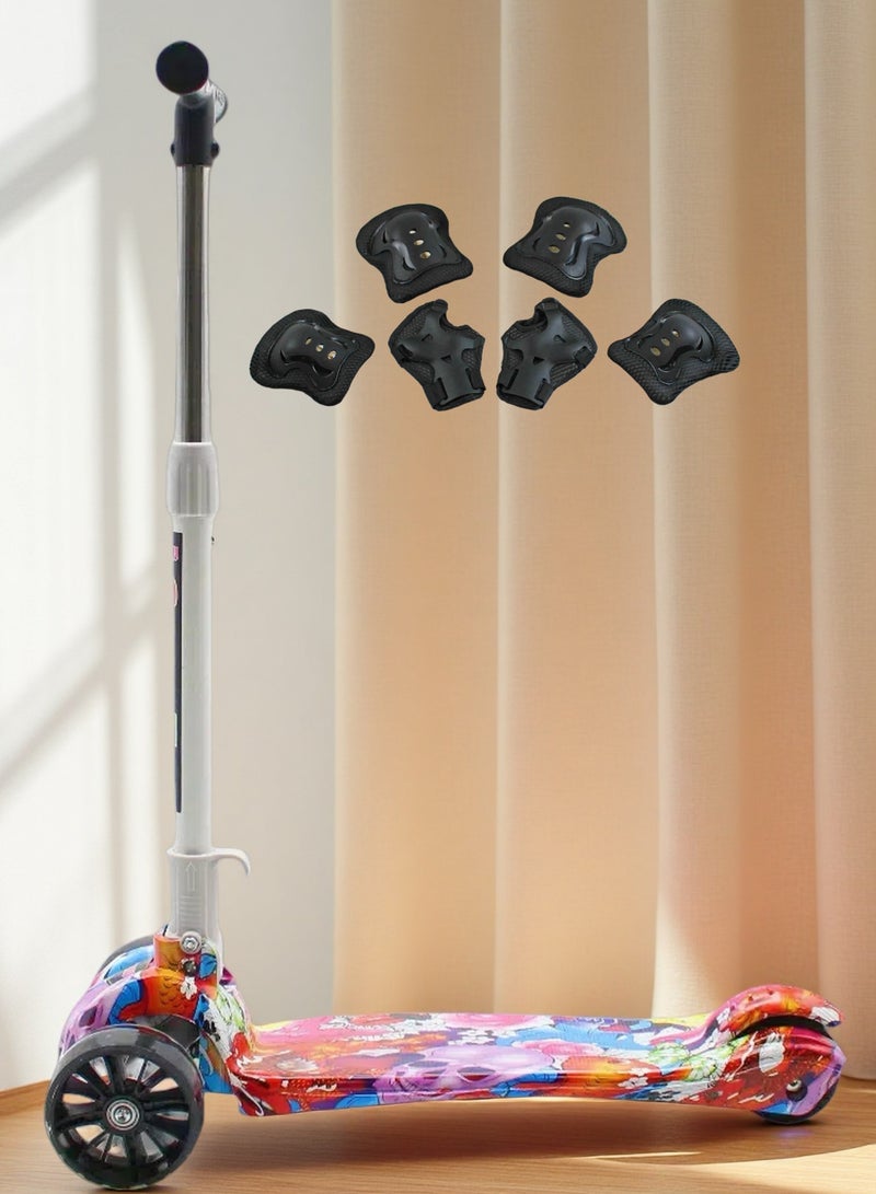 إيزي فيتشور سكوتر EASY FUTURE القابل للطي للأطفال بمقبض قابل لتعديل الارتفاع، وعجلات LED PU، وفرامل خلفية وموسيقى - مثالي للأعمار من 3 إلى 8 سنوات بما في ذلك مجموعة معدات الحماية - Image 1
