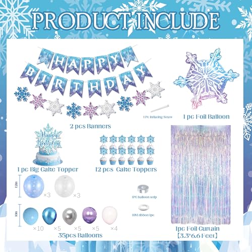 jenmir Frozen Birthday Decorations for GirlFringe CurtainsHappy Birthday BannerSnowflake Foil balloonBlue Purple BalloonsCake Toppers - Image 5
