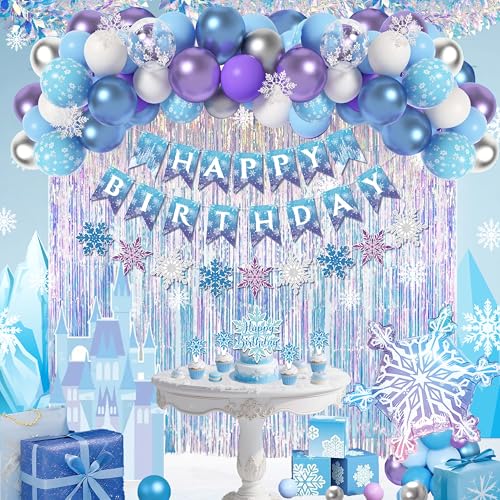 jenmir Frozen Birthday Decorations for GirlFringe CurtainsHappy Birthday BannerSnowflake Foil balloonBlue Purple BalloonsCake Toppers - Image 1